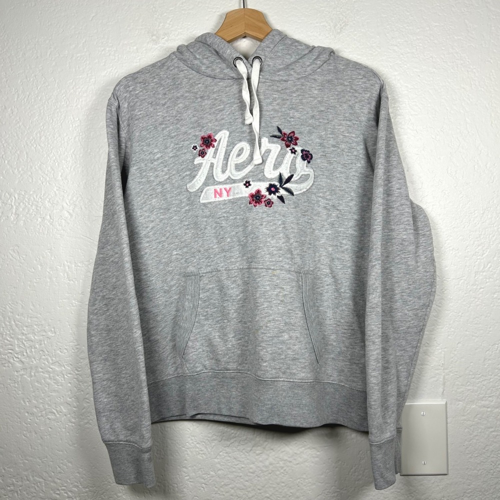 Aeropostale Gray Hoodie Floral Chenille Logo Pullover Sweatshirt Size M
